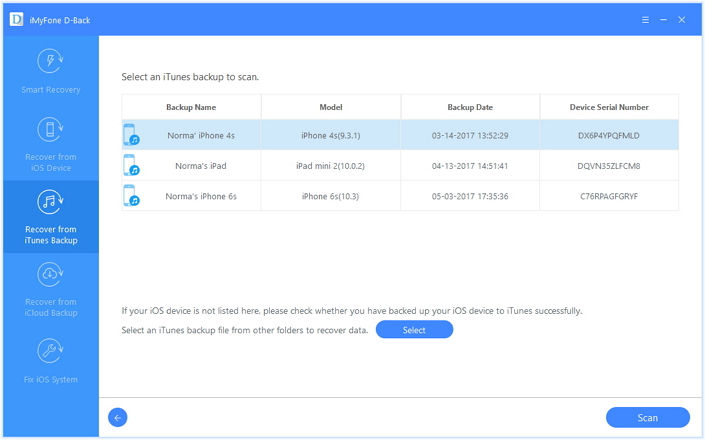 select itunes backup file to scan