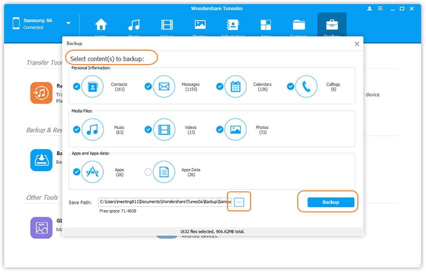 select contents to backup